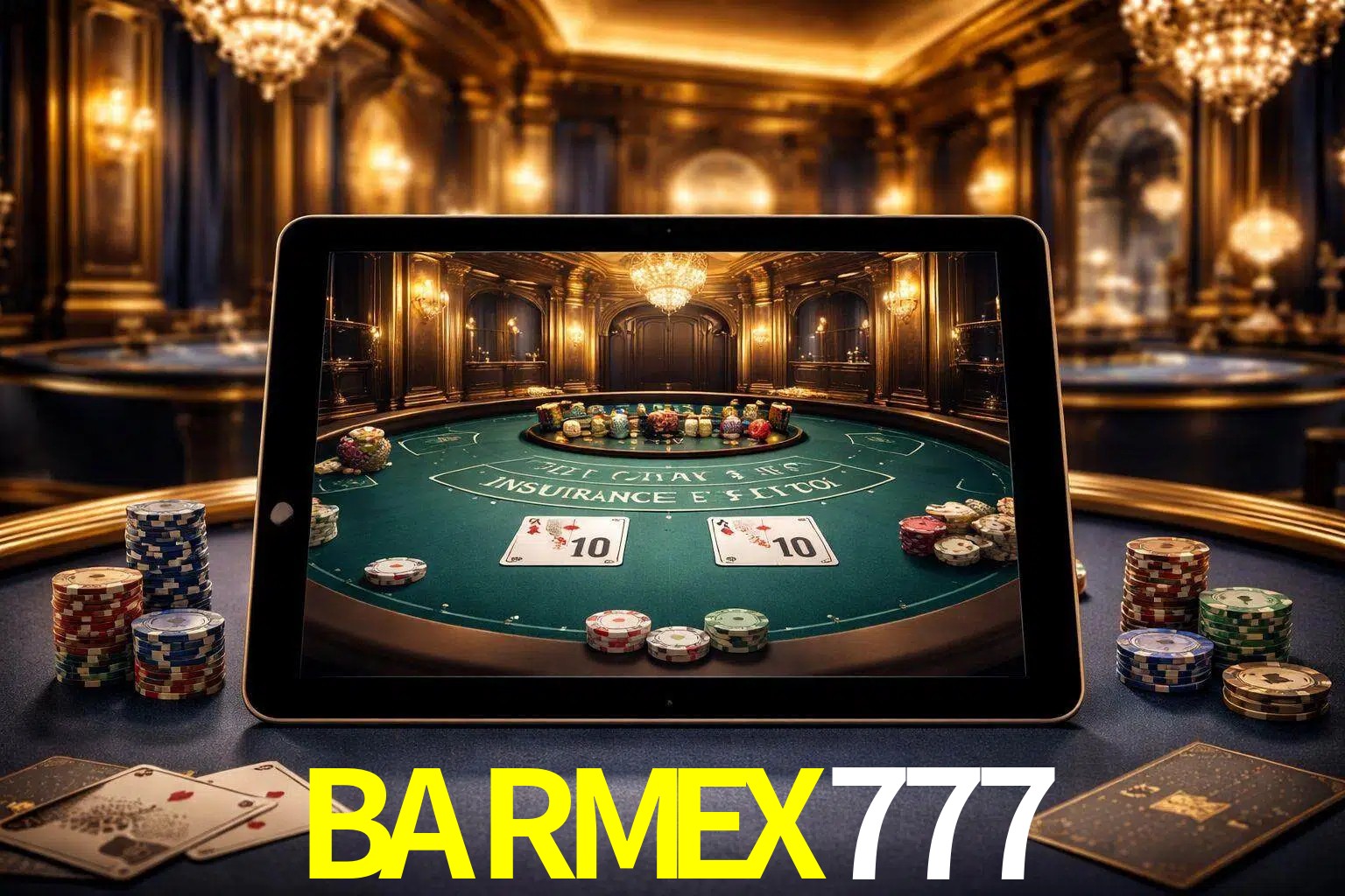Configuración moderna de casino en vivo con una tableta mostrando una mesa de blackjack, luces cálidas de estudio y una atmósfera elegante de juegos digitales.