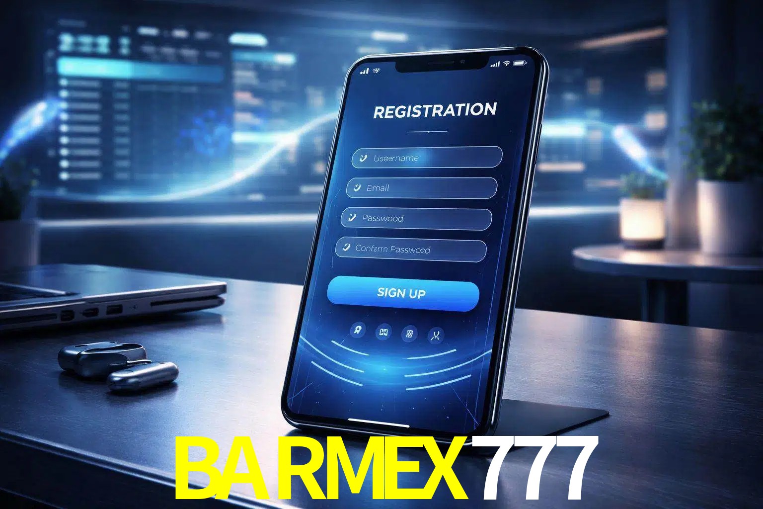 Una interfaz moderna de registro móvil para BARMEX777 mostrada en un smartphone con un panel de apuestas elegante.